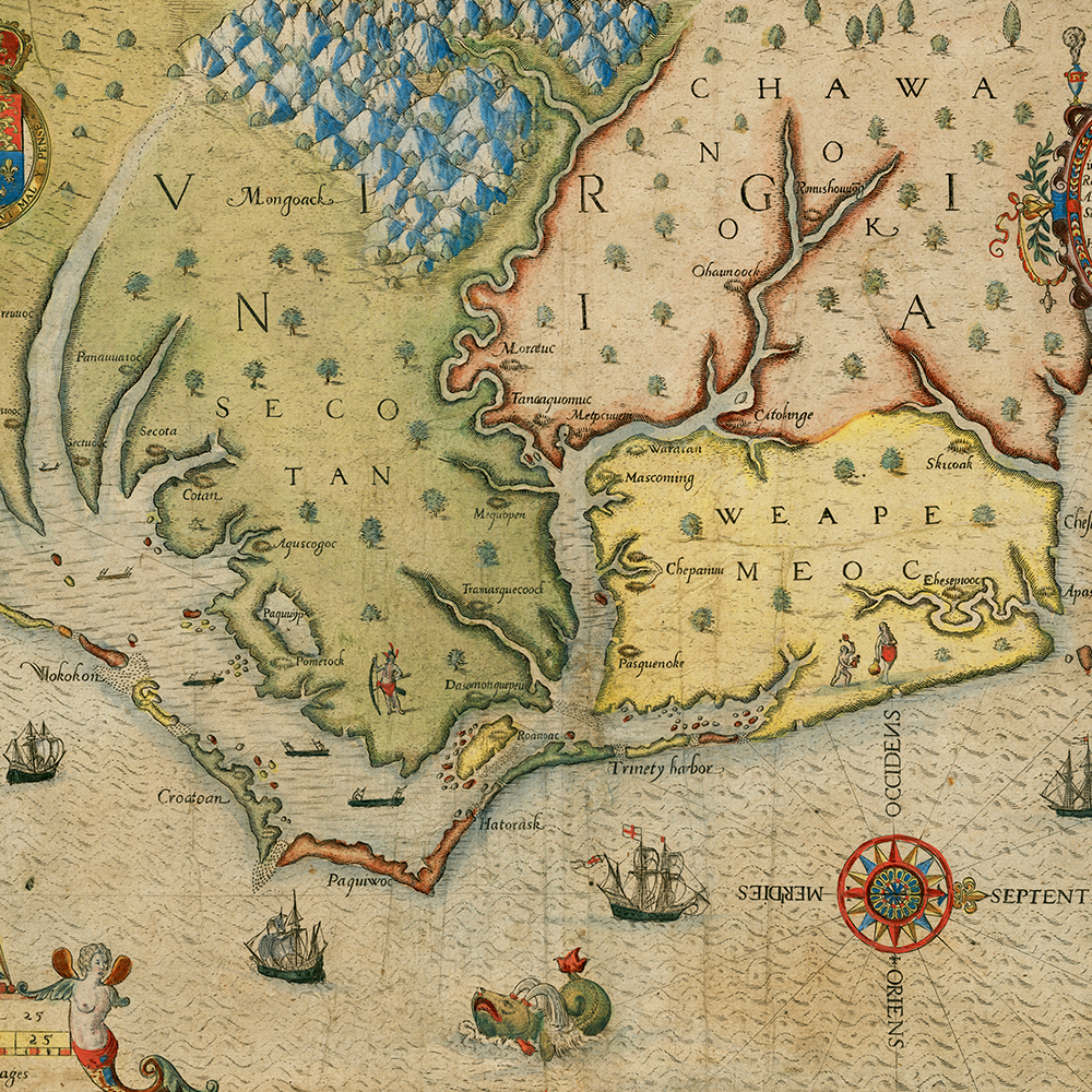 John White and Thomas Harriot, 1590 map of Virginia and the Carolinas (Americæ pars, nunc Virginia dicta)